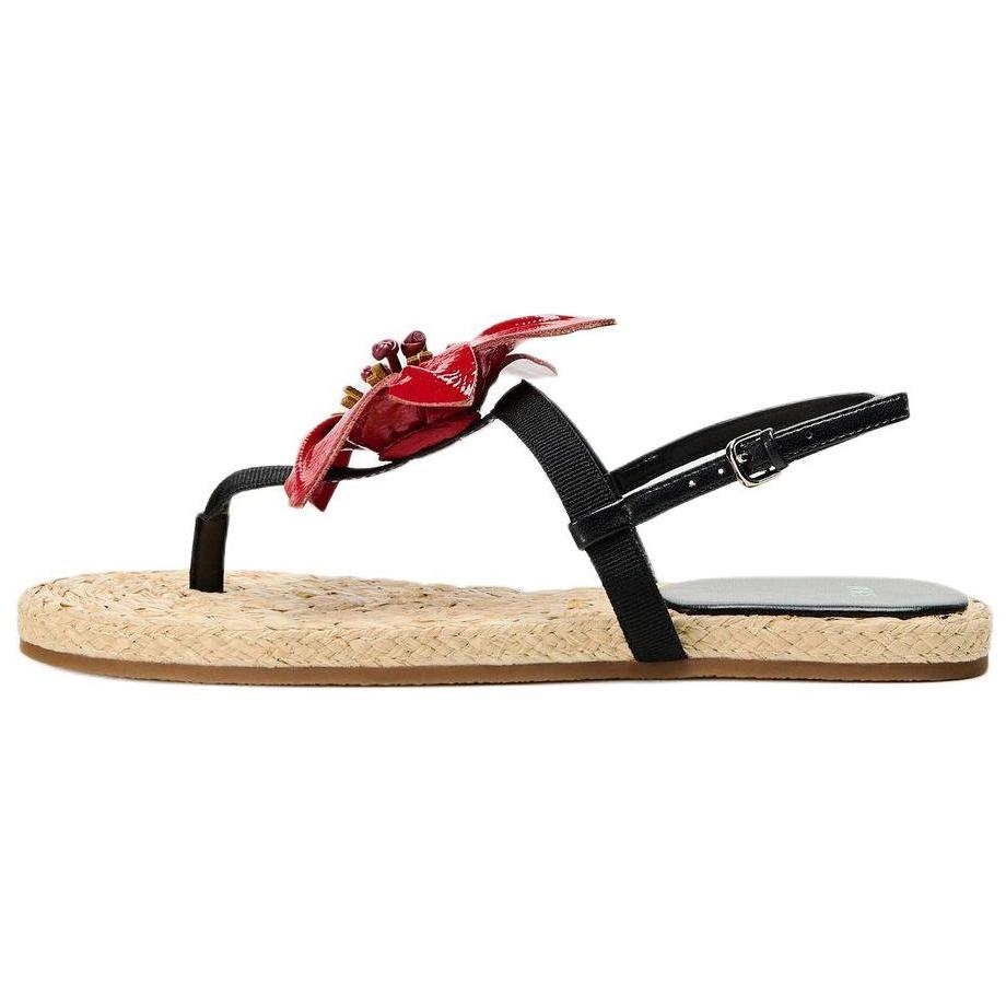 ZARA Flat Thong Sandals With Floral Applique Black Red Womens 11669310600 39