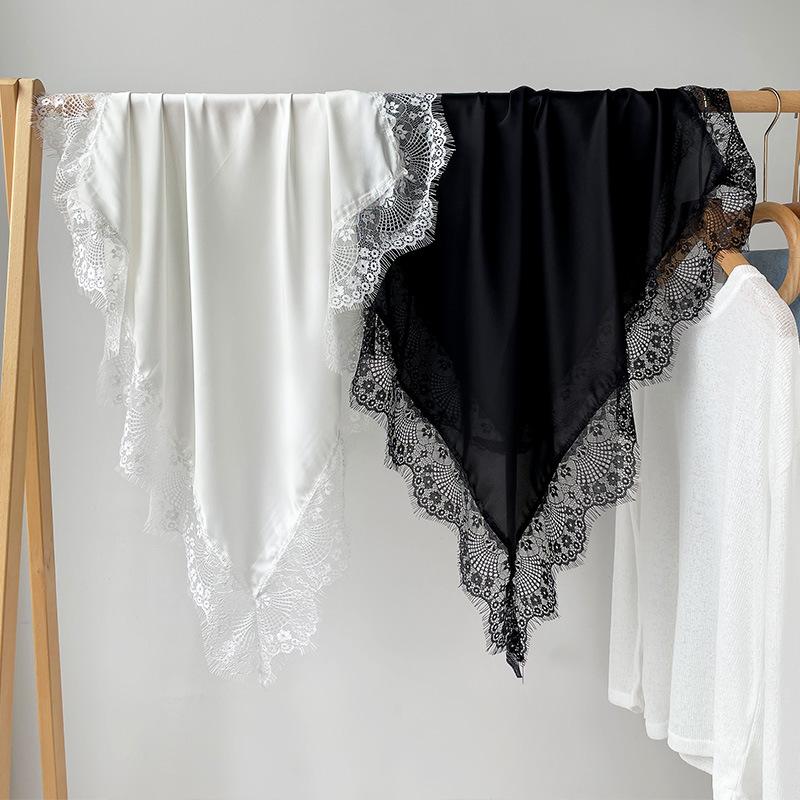Women Solid Color Chiffon Scarf Lace Trim Ethnic Shawl Lightweight Soft Headscarf Versatile Neck Scarf