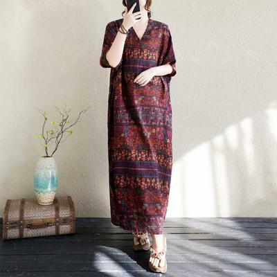 Summer Cotton and Hemp Printed V-neck Long Dress for Women