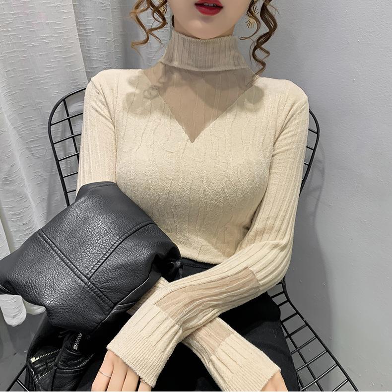 Herbst Neu Schwarz Innen Halbturtleneck Spitze Durchbrochen Langarm Gestrickt Basissweater Damen Oberteil