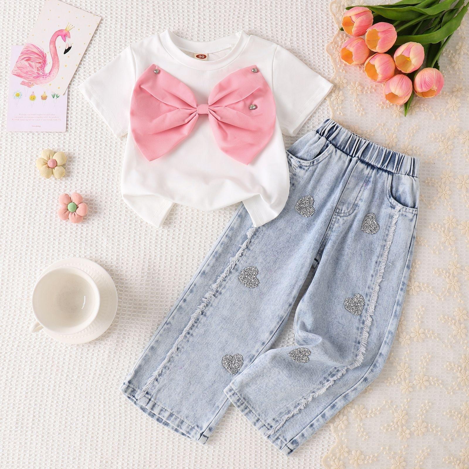 Girls Fashion Set: Summer Kids Cute Bow T-Shirt + Heart-Print Sequin Jeans Set 100cm