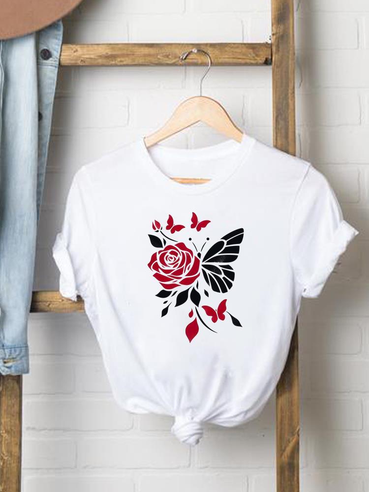 (Asiatische Größe) Damen Print Damenbekleidung Kurzarm T-Shirt Blume floral Trend 90er Mode Tee Top Damen Grafik T-Shirts