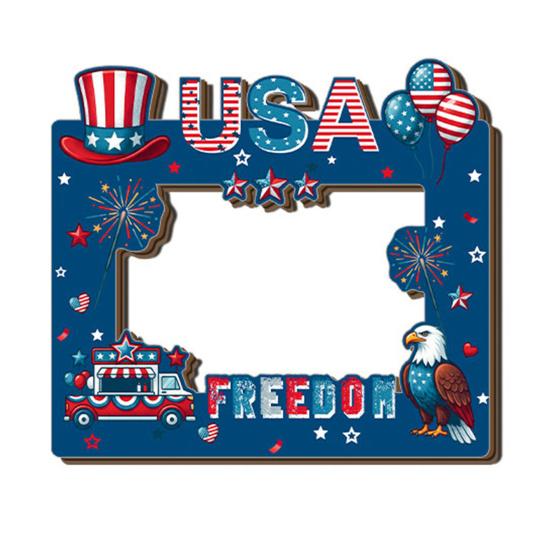 4th of July Patriotic Photo Frame, Independence Day Wooden Picture Frame, Red White Blue Photo Display Holder for Table Home Decor F