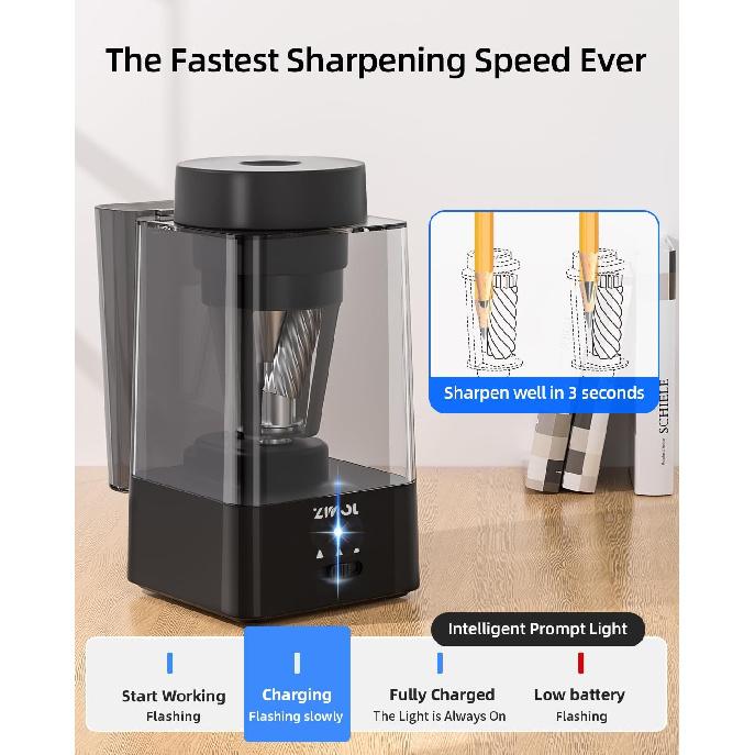 Zmol Full Automatic Electric Pencil Sharpener for Colored Pencils,Auto in & Out, Rechargeable Hands-Free,Heavy Duty Pencil Sharpeners for Classroom,