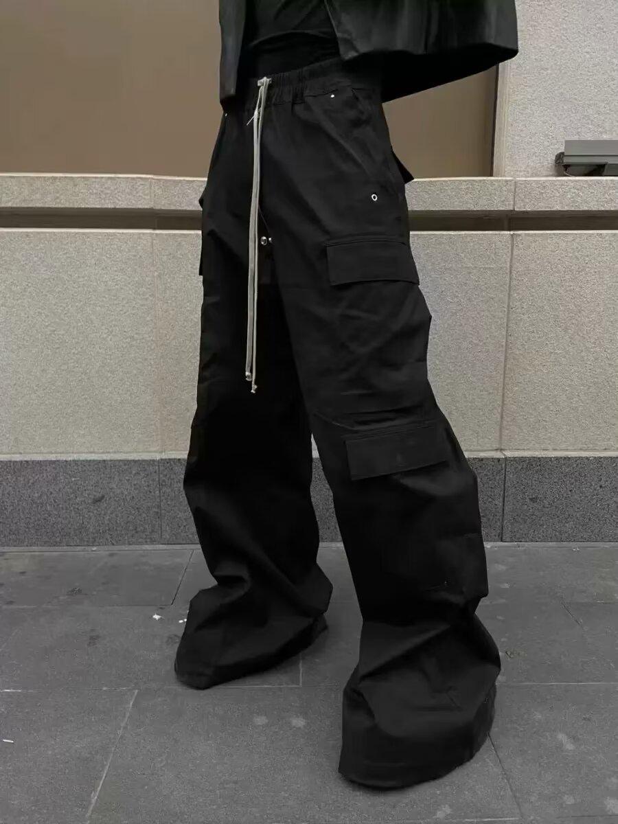 2024 Men s American Style Black Multi-Pocket Loose Work Pants L