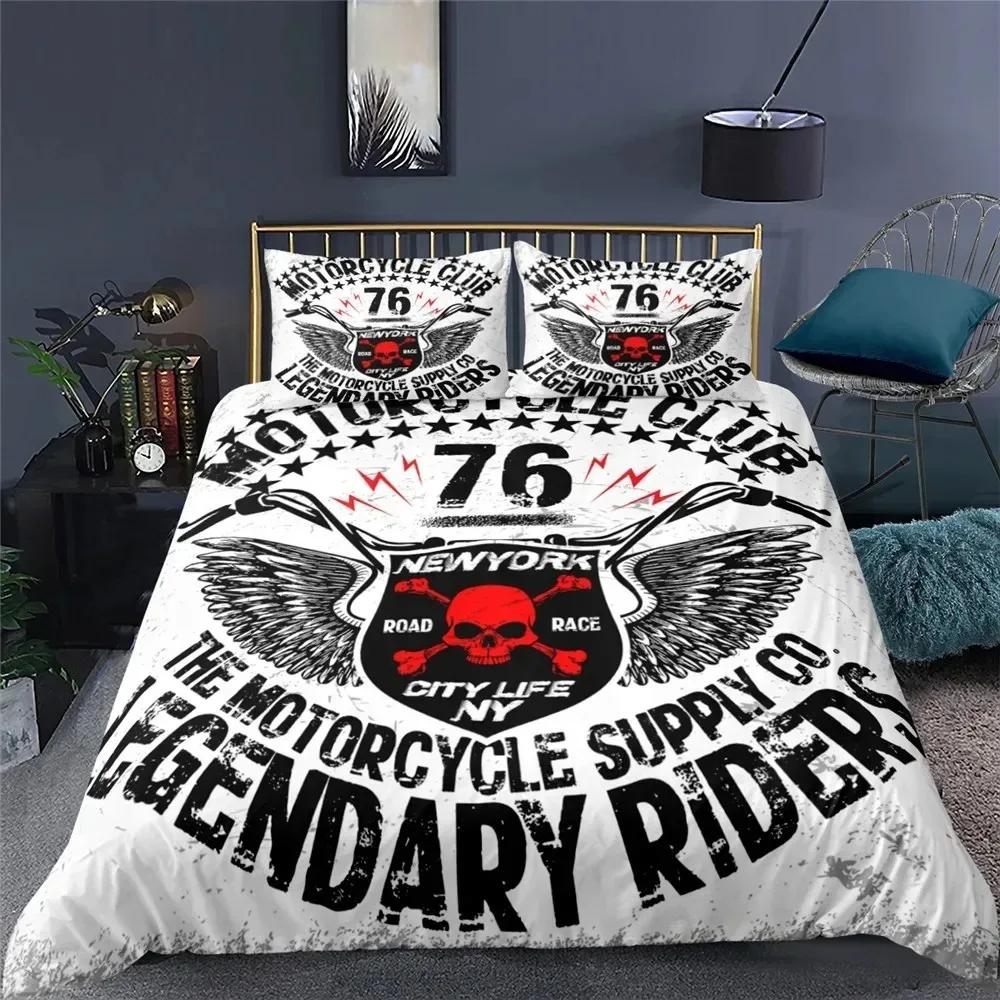 3D Motorrad Schädel Bettbezug Set Full Queen King Size Polyester Bettwäsche Set Doppel Einzel Bettdeckenbezug Set Für Erwachsene Jugendliche