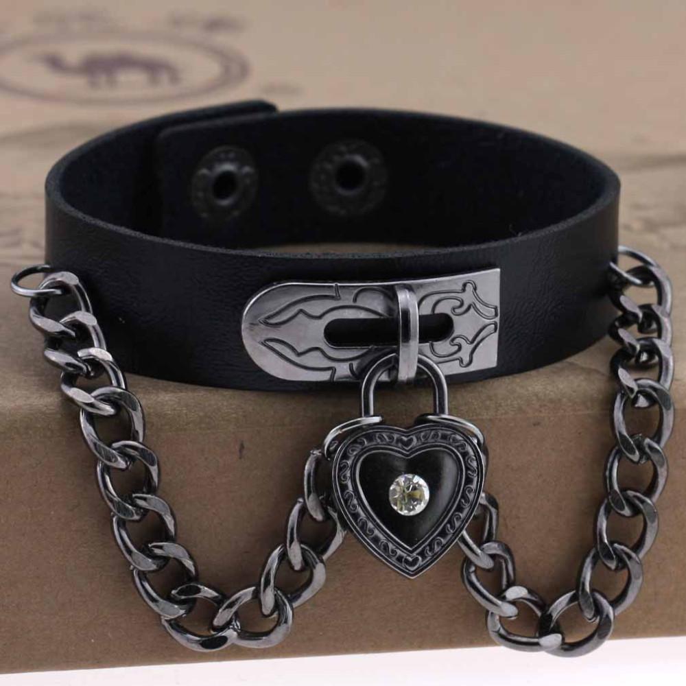 Heart Block Punk Rivets Love Chain Metal Snap Button Bngle Cook Punk Casual Harajuku Bracelet 22 CM&Heart чёрный