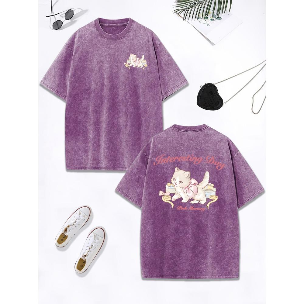 

Элегантная футболка с принтом «Интересный день с маленьким котом», женская хлопковая футболка оверсайз, состаренная футболка с круглым вырезом, одежда 3XL