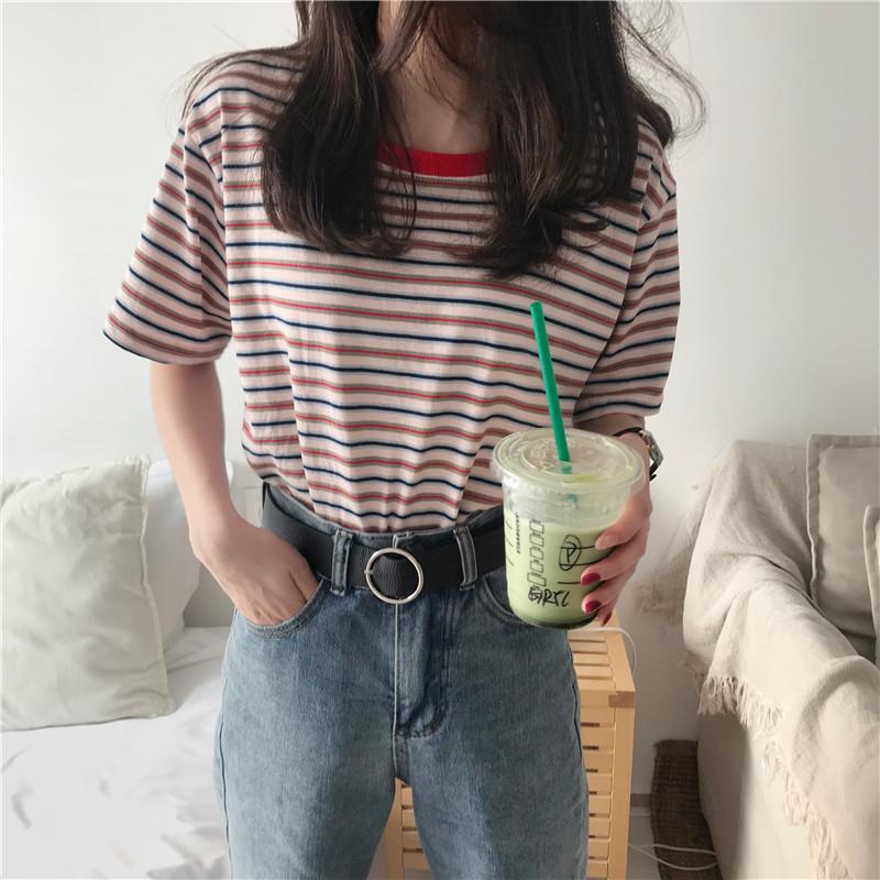 New Summer Striped Short-sleeved T-shirt for Women Korean Style Bottoming Shirt for Women Students Tops for Women