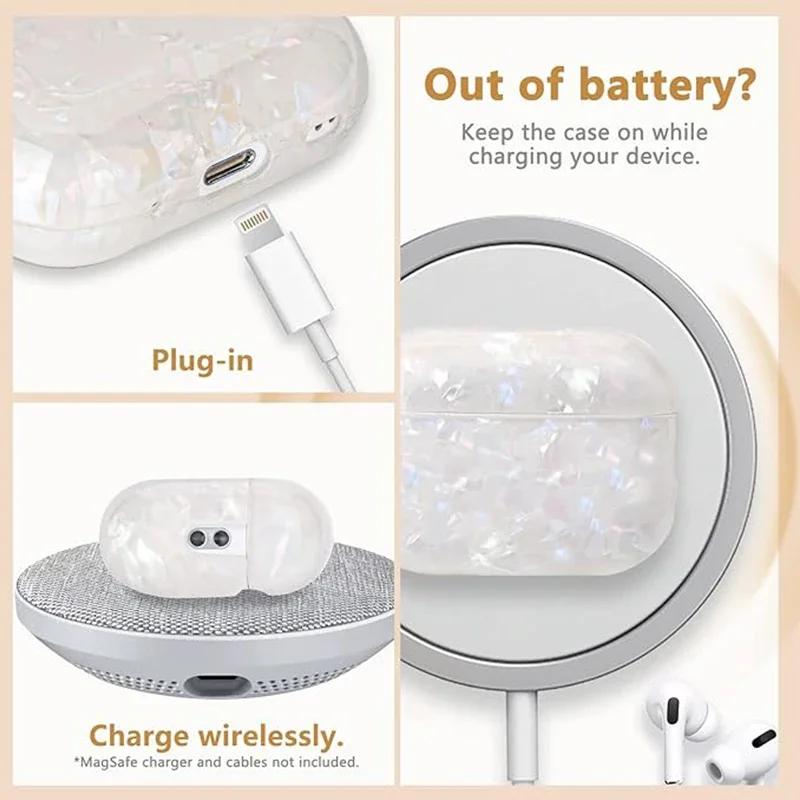 Funda Bonita para AirPod Ins Patrón de Concha Deslumbrante con Cadena de Muñeca de Perla Funda Bluetooth Inalámbrica Compatible con Funda AirPods Pro