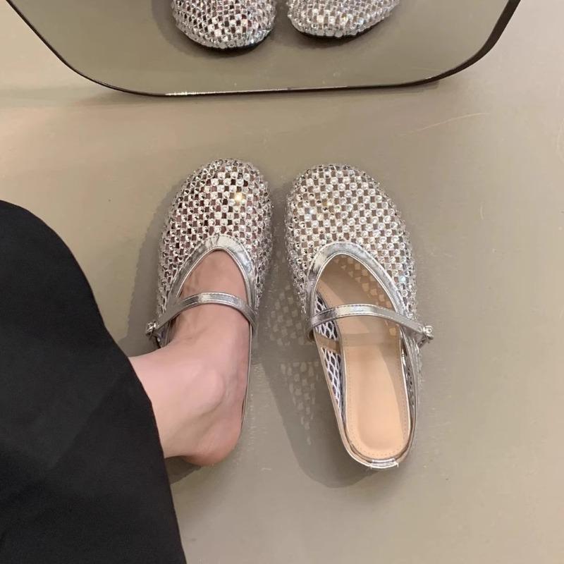 Fashion Rhinestone Marie Jane Baotou Half Slippers Women's 2025 New Summer Outside Wear Half Bottom Flat Cool Mopping