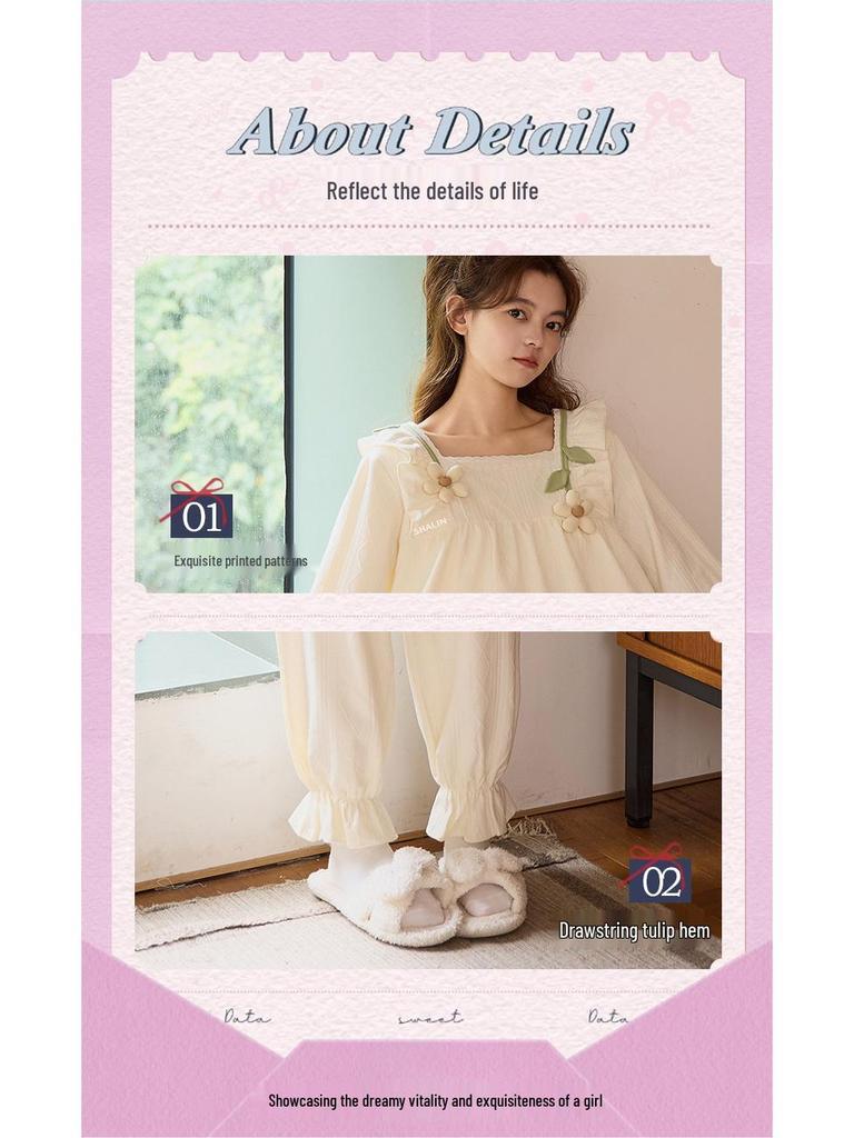 Women's Cotton Pajama Set with Chest Pads - Long Sleeve Cute Princess Style for Spring, Autumn, Winter