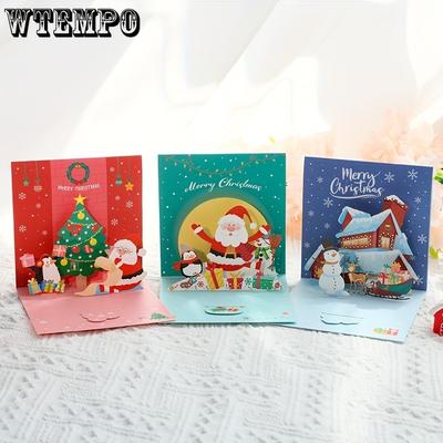 3pcs 3D Christmas Card Decorative Handwritten Blessing Festival Decors Postcard Folding Gift