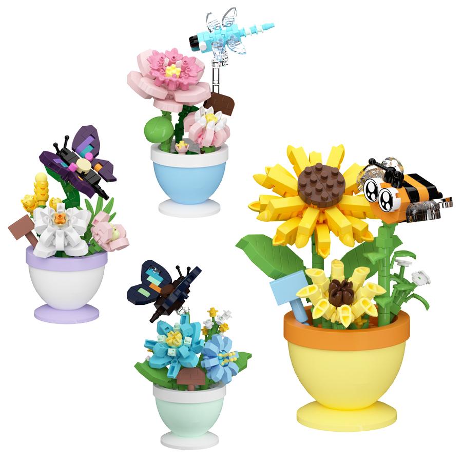 Flower Pot Building Blocks Flowers Insect Series Diamond Bricks Kids Toys Bee Butterfly Dragonfly Garden Toys Decorations