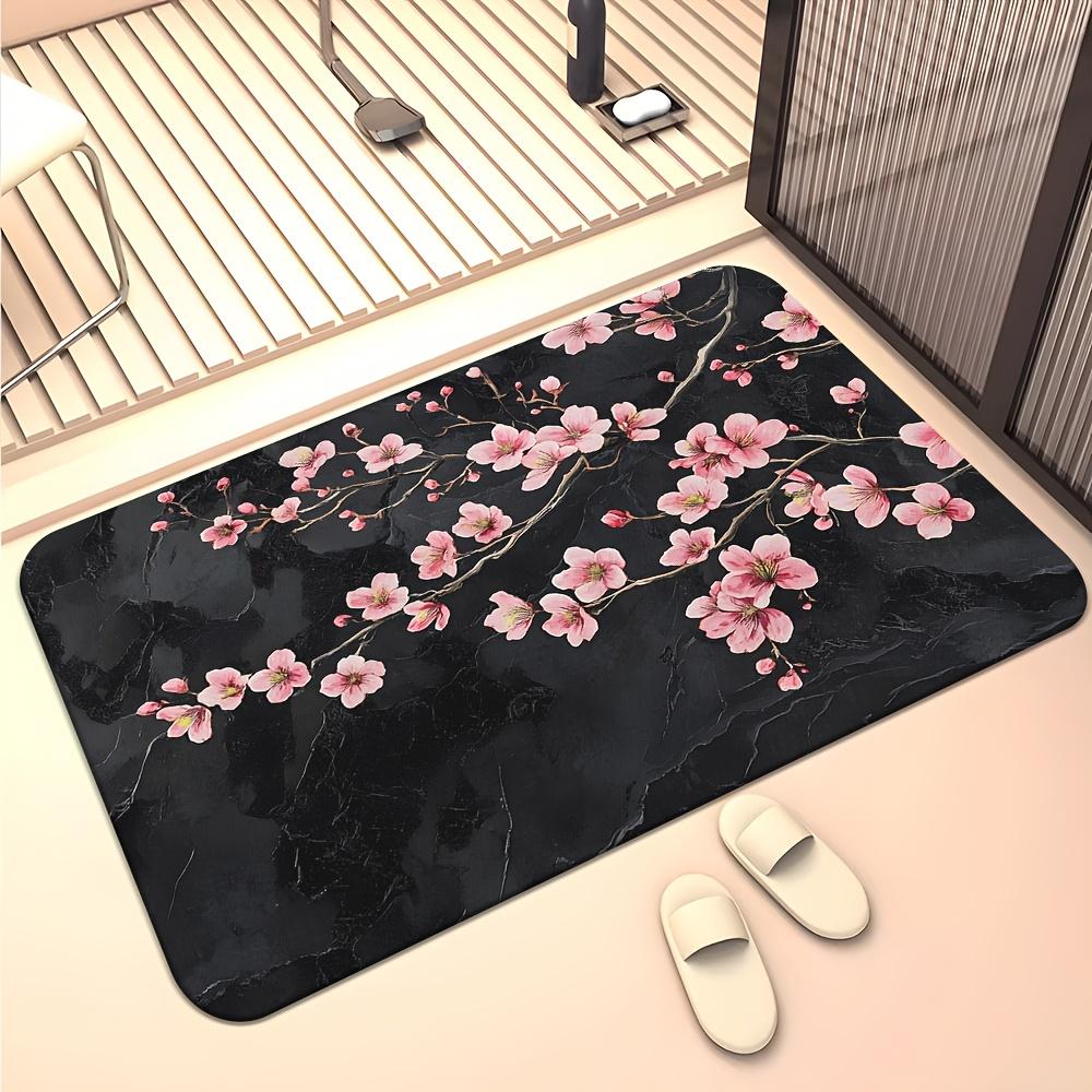 Luxury Pink Plum Blossom On Black Marble Non Slip Area Rug Washable Indoor Floor Mat for Chinoiserie Japanese Zen Home Decor