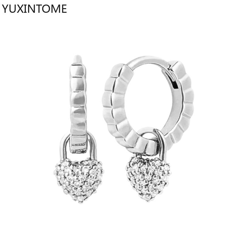 925 Silver Ear Needle Exquisite Heart Pendant Hoop Earrings Fashion Geometric Zircon Stud Earrings Women's Fine Jewelry