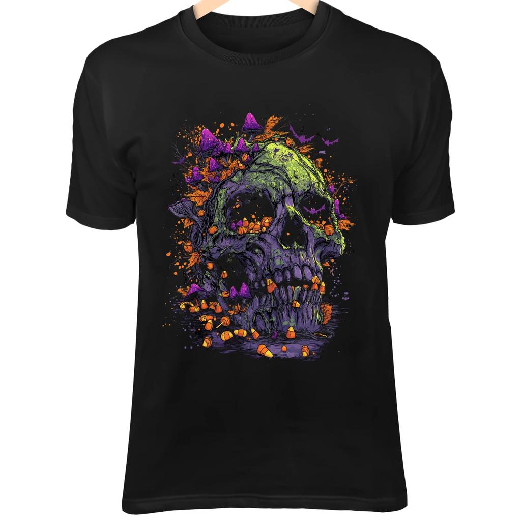 Halloween Skull - Bioluminescent Mushrooms, Candy Corn, Bats & Spooky Glow