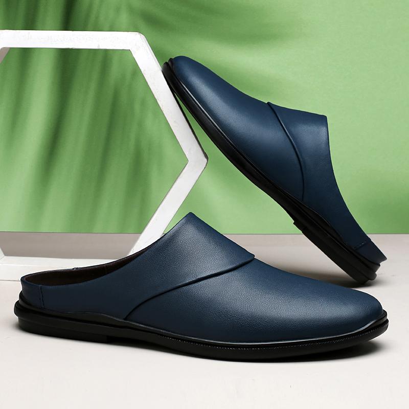 Fashion Genuine Leather Mens Half Slippers Summer Breathable Casual Shoes Slip-on Lazy Driving Shoes Walking Loafers Moccasins Half Drag