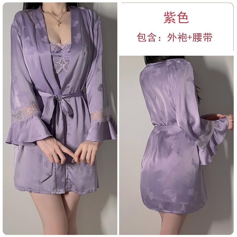Women's Satin Jacquard Mesh Sheer Push Up Padded Deep V Backless Sleep Dress with Robe Set