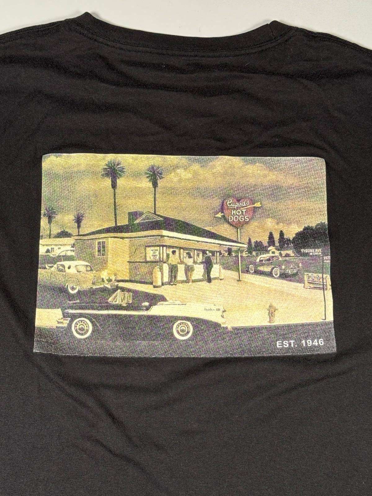 Vintage Cupids Hot Dogs Diner Mens 2XL Black Graphic Tee Y2K Classic Unisex T-Shirt M