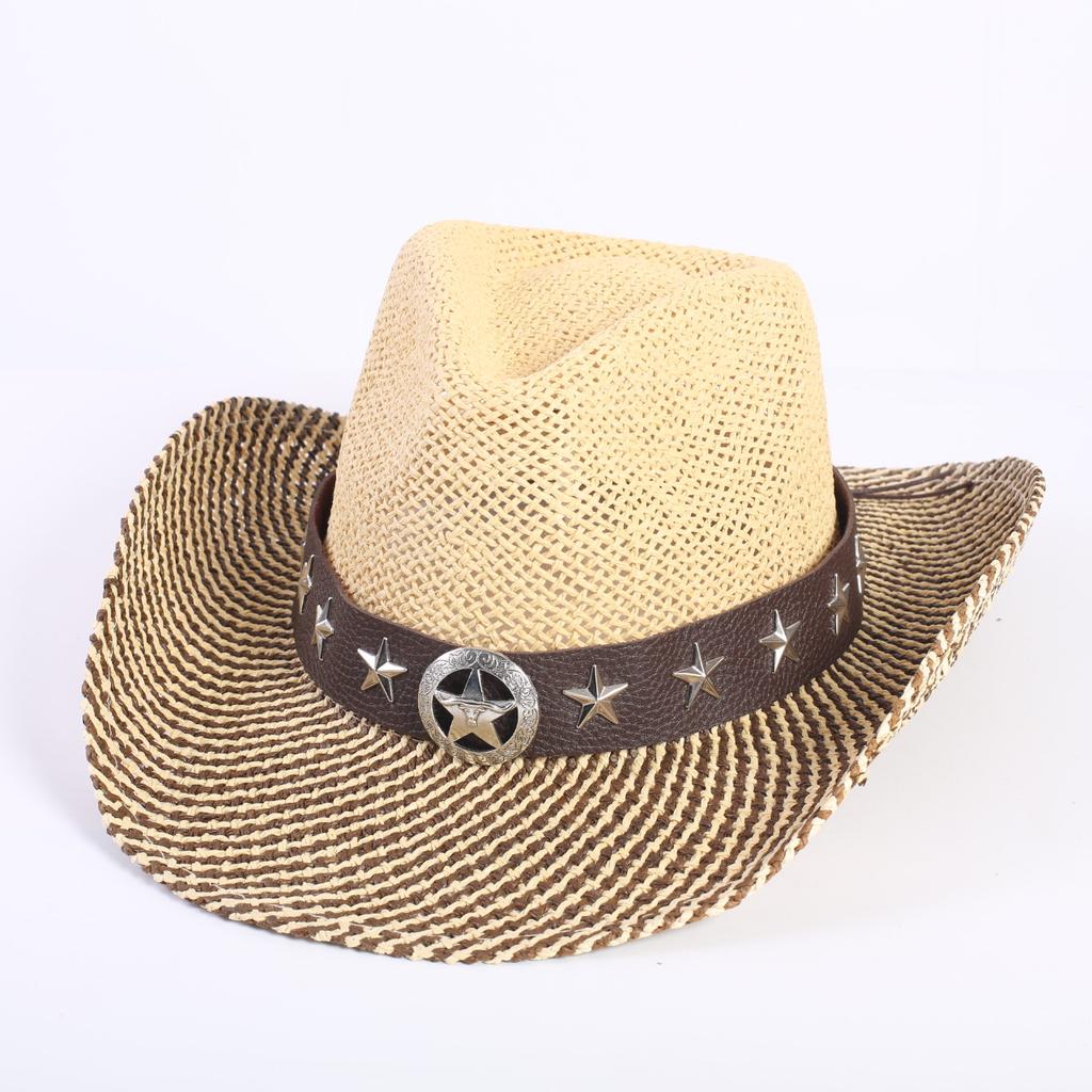 Popular Hollow Breathable Western Cowboy Straw Hat Men's and Women's Summer Sunshade Sunscreen Wide-brimmed Beach Hat