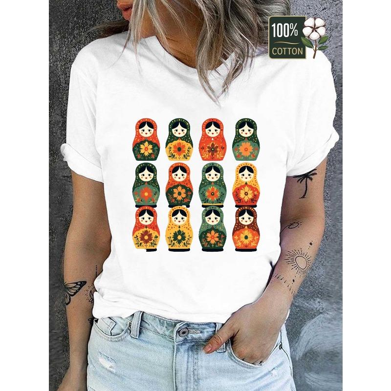 Women's Russian Matryoshka Dolls Folk Art T-Shirt Vibrant Multicolor Nesting Doll Print Round Neck Short Sleeve Casual All-Season Top