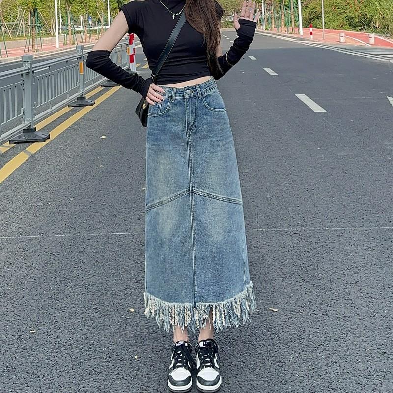 

DIMANAF 2023 Женская летняя джинсовая юбка больших размеров с высокой талией для женщин, летняя новая свободная корейская версия, тонкая юбка с разрезом по подолу и бахромой