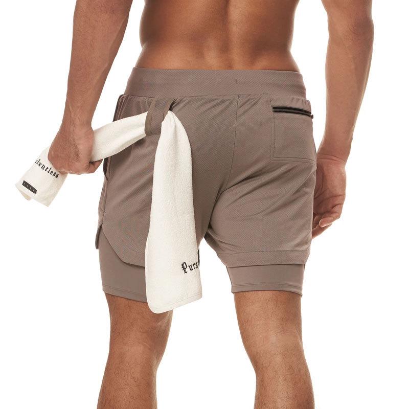 Men's Double Layer Color Block Sports Shorts with Hang Towel - Breathable, Solid Color Fitness Running Shorts.