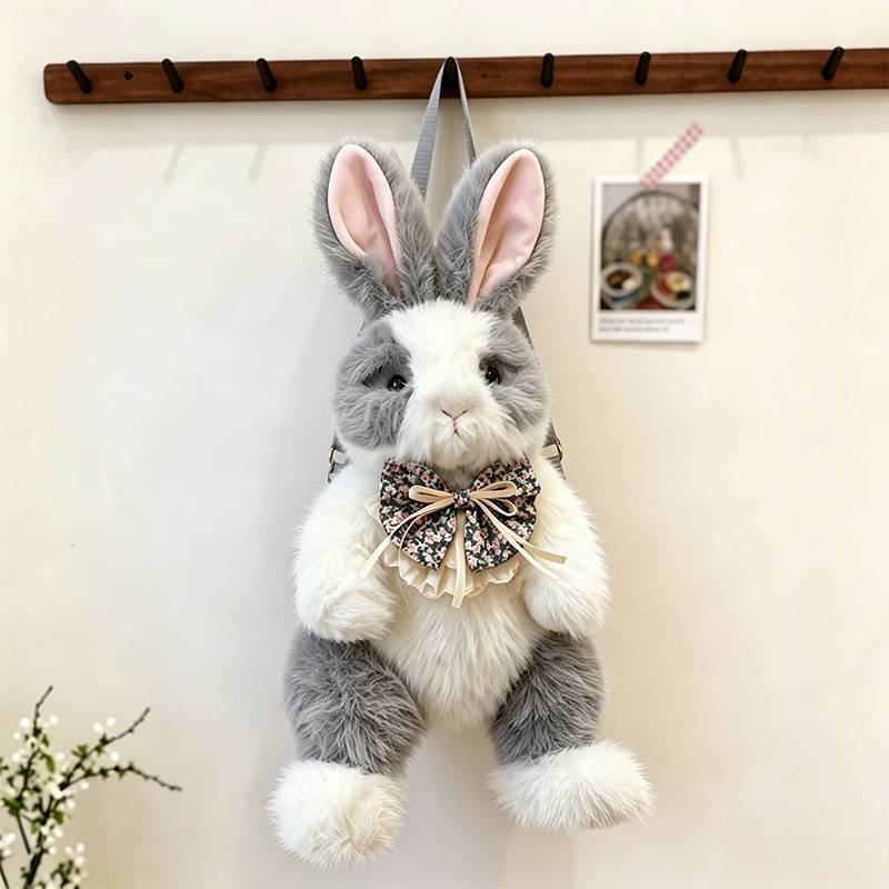 Cute Bowknot Plush Rabbit Backpack Realistic Long Fur Bunny Doll Cartoon Stuffed Animal Bag