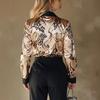Womens Long Sleeve Satin Print Blouse Floral Elegant Office Wear Gray Khaki S-XXL