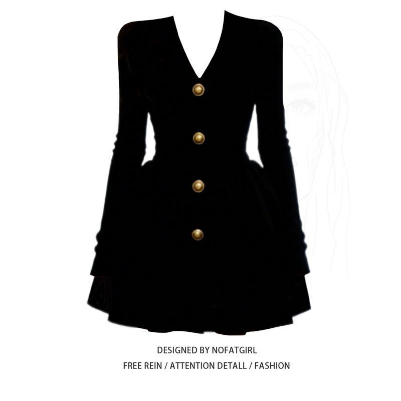 

Plus-Size Black V-Neck Dress for Women, Winter Long-Sleeve Waist-Cinching A-Line Dress, Slimming Short Dress for Work Dress M