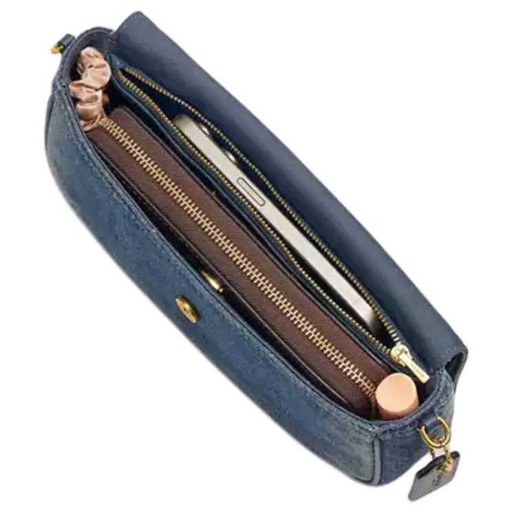 Coach 23 Removable Chain Strap Snap Closure Interior Zipper Pocket Fabric Shoulder Bag Medium Women Shoulder Bag Brass Deep-Indigo CCY20-B4YMW