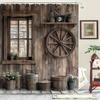 Rustic Wooden Barn Shower Curtain Vintage Window Wheel Bucket Decor Farmhouse Bathroom Art 3D Printed Waterproof Bath Curtain