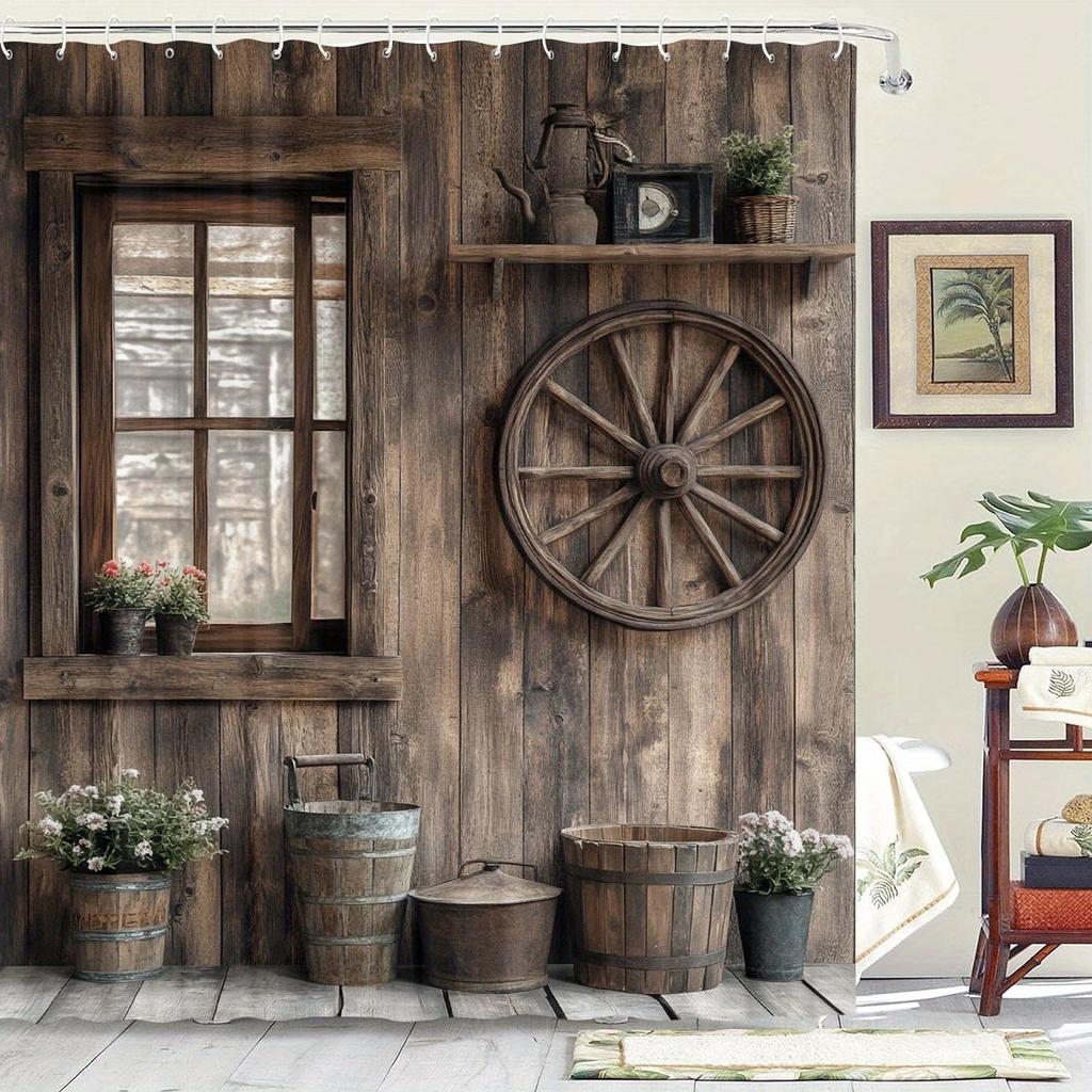 Rustic Wooden Barn Shower Curtain Vintage Window Wheel Bucket Decor Farmhouse Bathroom Art 3D Printed Waterproof Bath Curtain