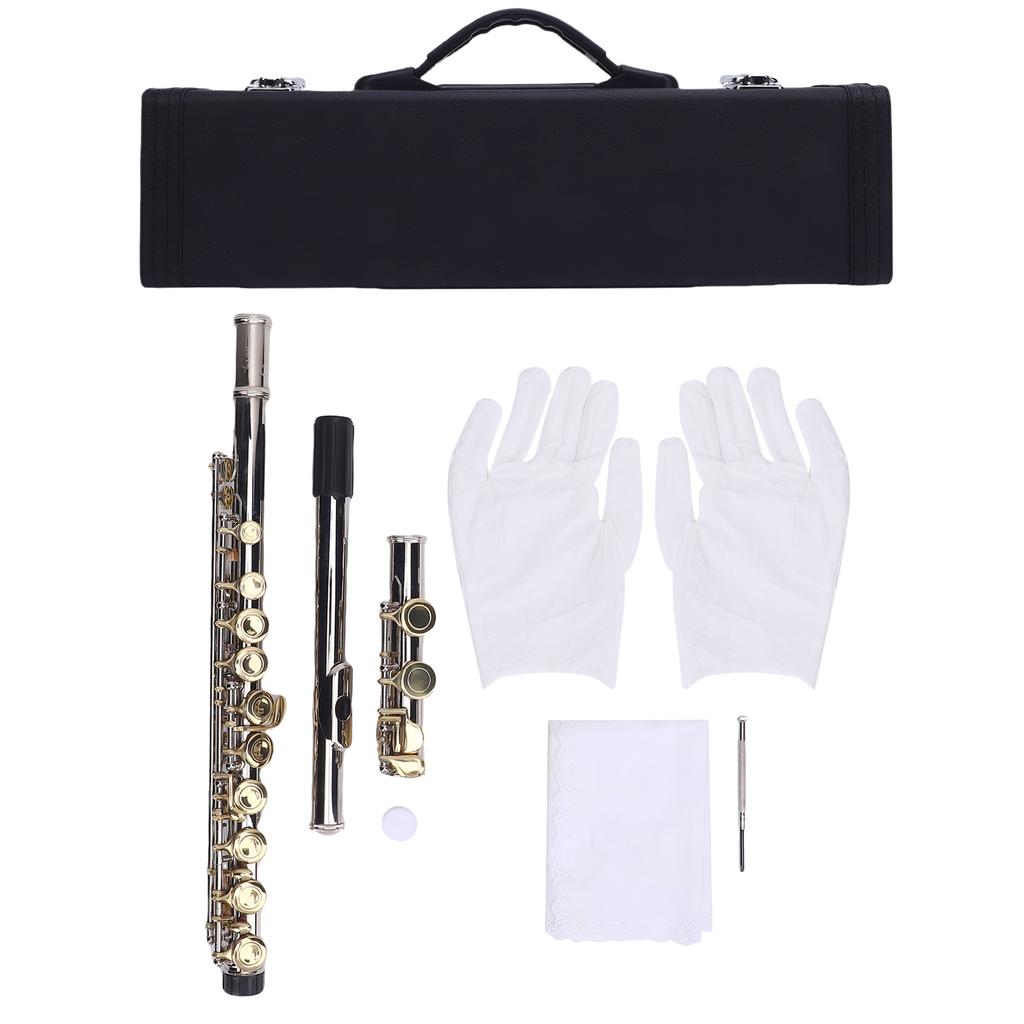 Closed Hole C Flute 16 Keys G Key Offset Design Cupronickel Flute Instrument with Cleaning Cloth Carrying Case