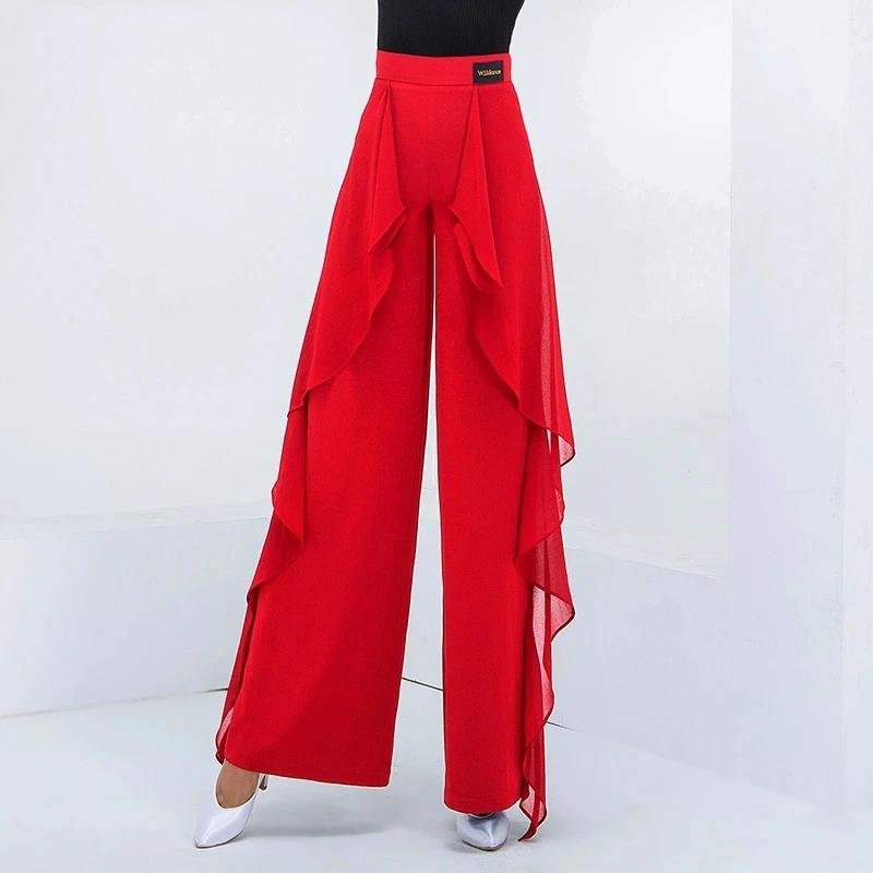 

Modern Dance Pants Women s High Waist Ruffled Wide Leg Pants National Standard Trousers Latin Dance Pants Costumes XS червоний