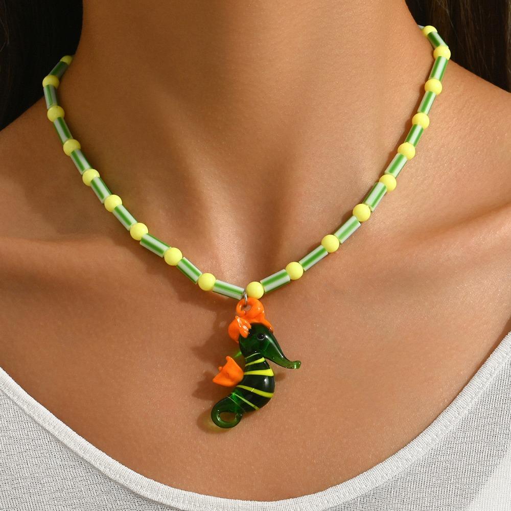 Colorful Glass Seahorse Pendant Tropical Island Beaded Necklace Charm Fish Necklace  Holiday Party