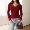 2026 Frühling V-Ausschnitt Spitzenbesatz Patchwork Cropped T-Shirt