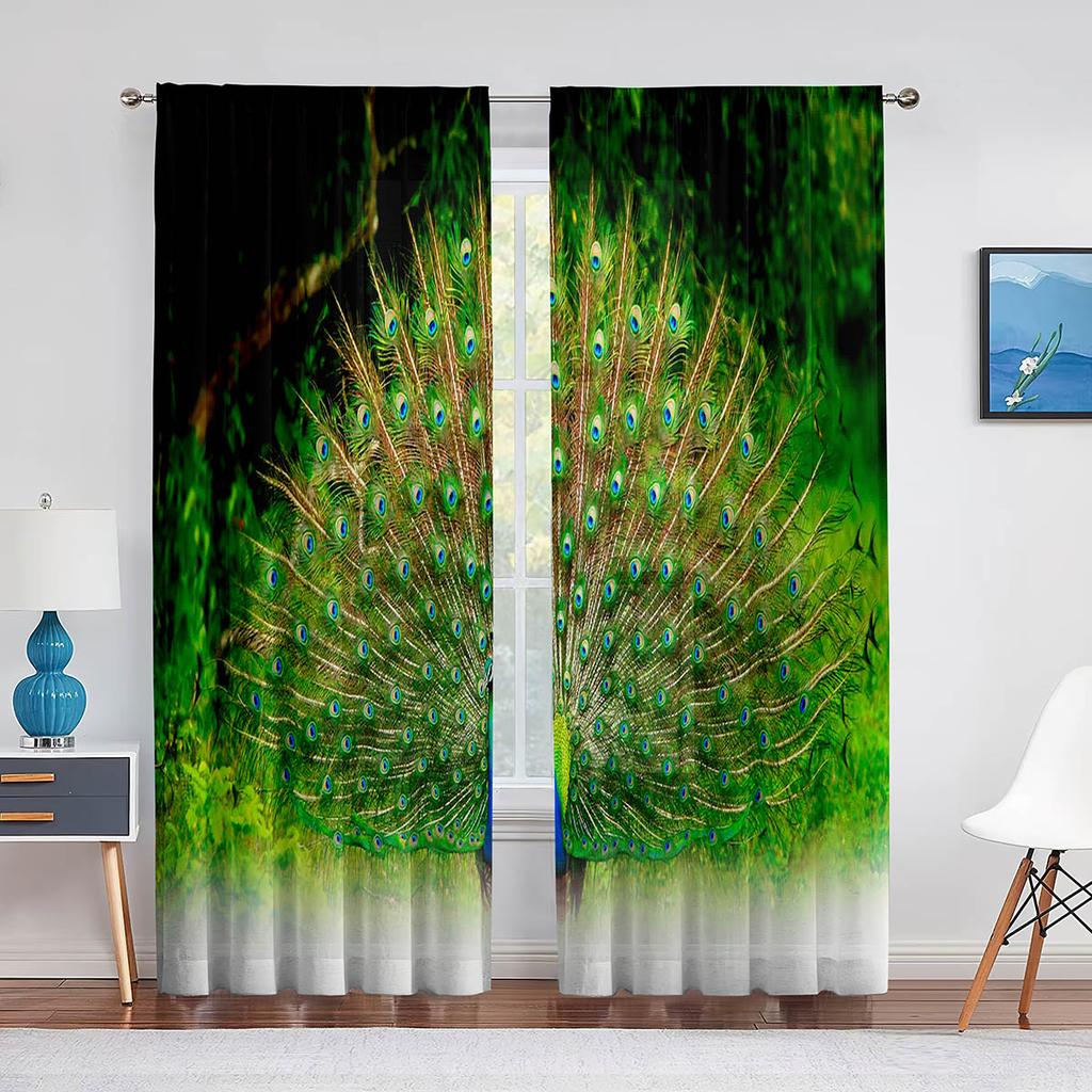 Peacock Green Feathers Birds Animals Skin Tulle Curtains for Living Room Bedroom Decoration Chiffon Sheer Voile Window Curtain