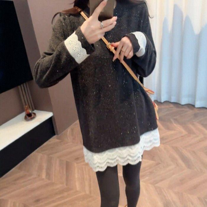 2025 Autumn/Winter Women s Lace Design Mid-Length Loose Long Sleeve Round Neck Top XL