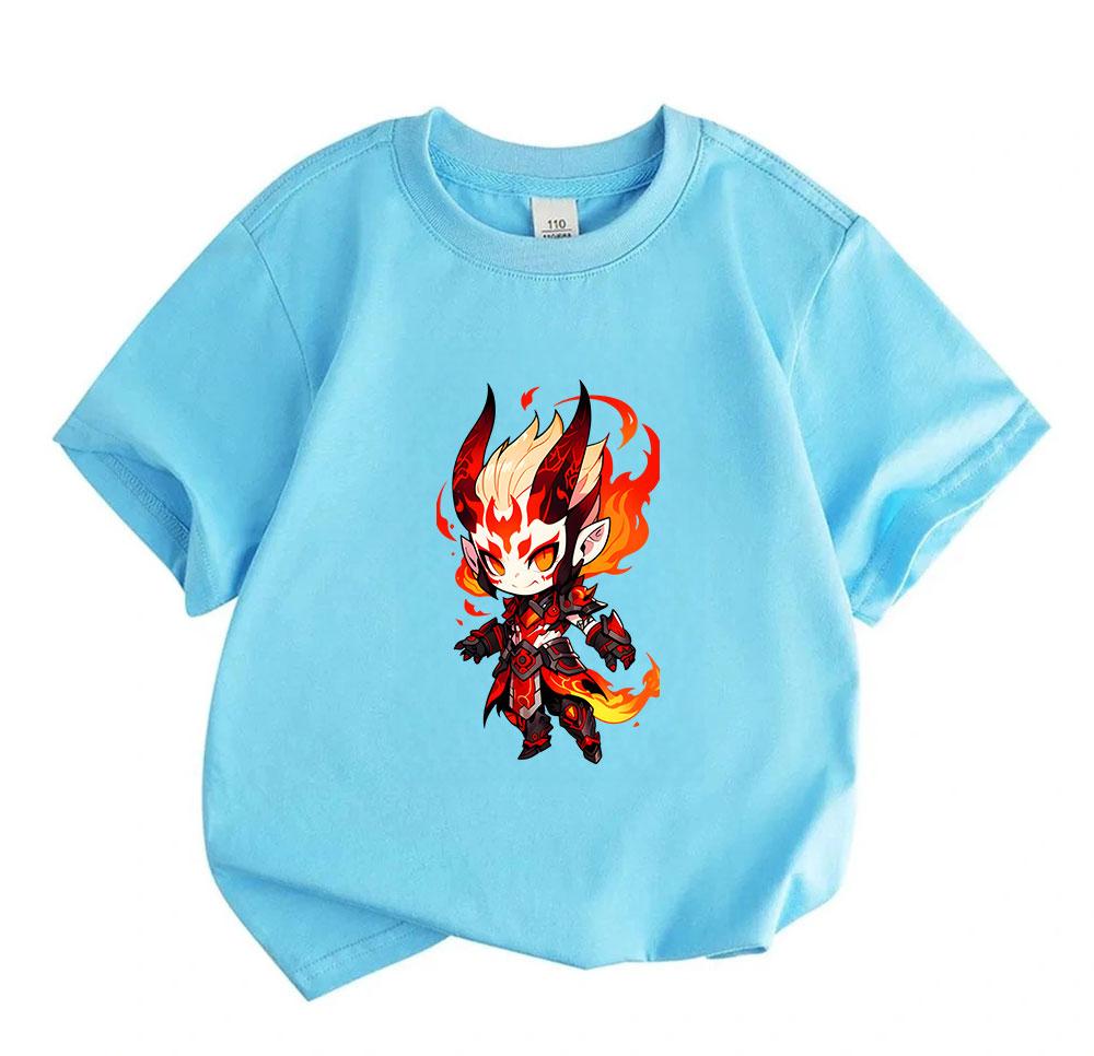 Kids Boys Girls Crew Neck Short Sleeve T-Shirt, 100% Cotton Casual Tees with Fiery Demon Cartoon Character Print, Soft Breathable Summer Daily Wear fo