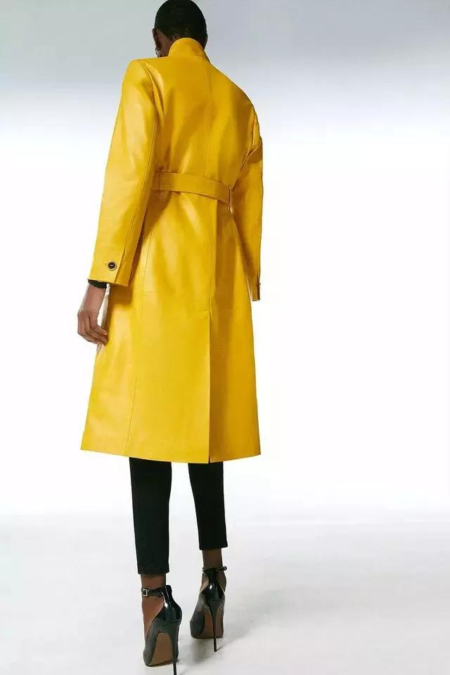 Handmade Women Trench Coat Leather Genuine Lambskin Long Party Stylish Yellow