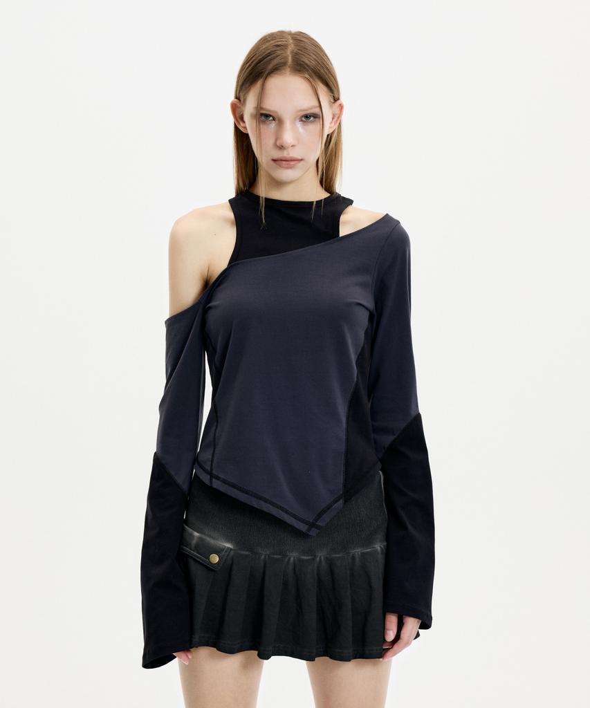 Akeumeseodeu Layered Cutout Off-Shoulder Long Sleeve (Charcoal)