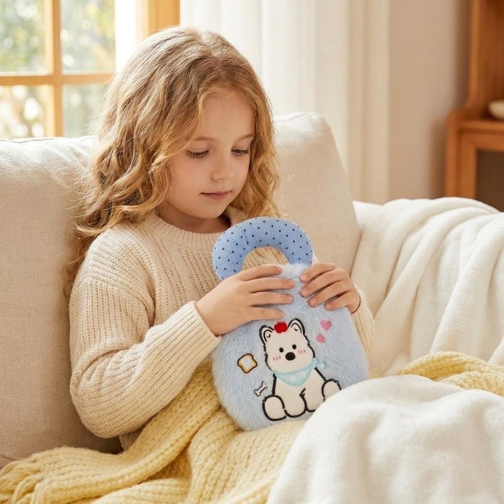 Plush Cartoon Hand Warmers Dog Embroidery Hot Water Bag Portable Water-filling Bottle Female