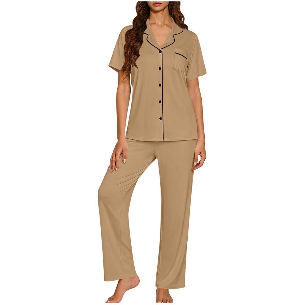 Women's Fashionable Loose-Fit Loungewear Short-Sleeve Cardigan Collared Pajama Set