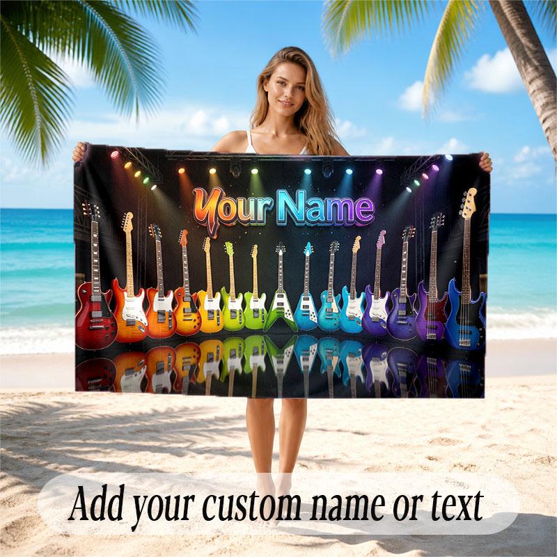 Music Guitar Theme Beach Towel Personalized Custom Name & Text Soft Quick Dry Beach Towel for Swimming Travel