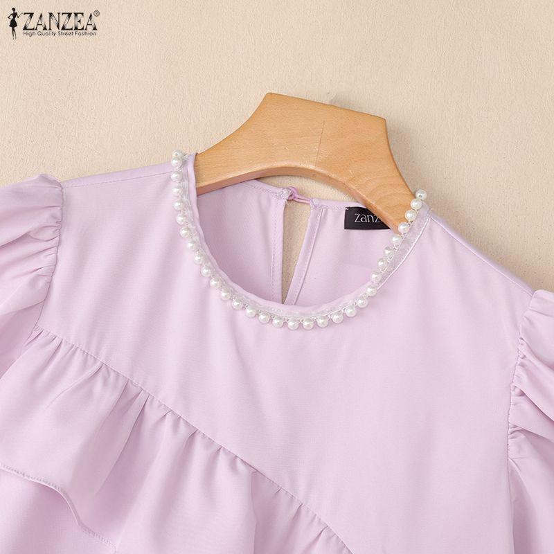 ZANZEA Women Casual Round Neck Short Sleeve Loose Ruffles Blouse