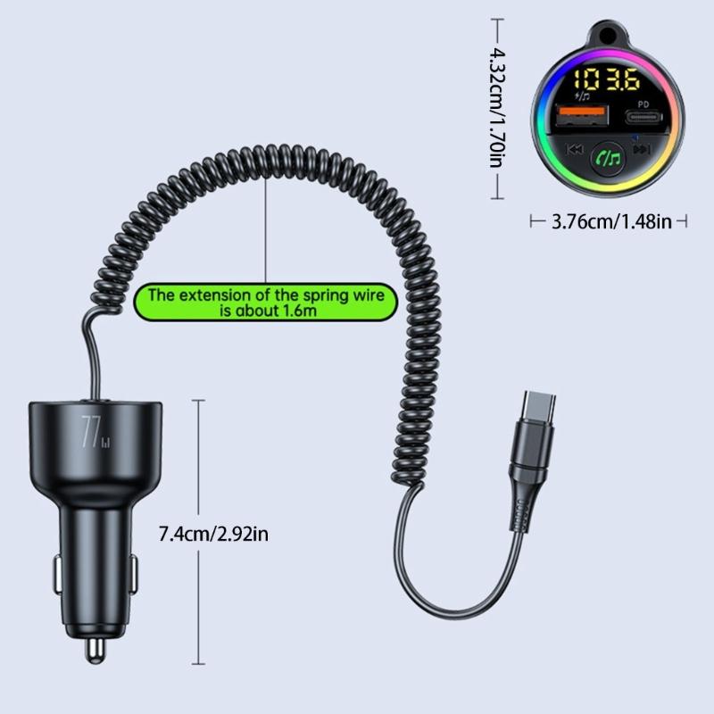 77W Bluetooth-compatible 5.4 FM Transmitter Car Adapter 65W+12W Fast Charging Car Adapter Call Sound LED Display