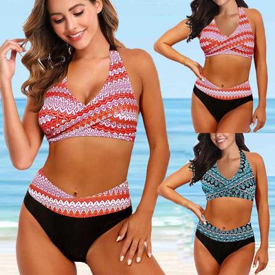 (Qunide) Women's Fashion Split High Waist Printed Bikini With Bra Pads And No Steel Bra Swimsuit