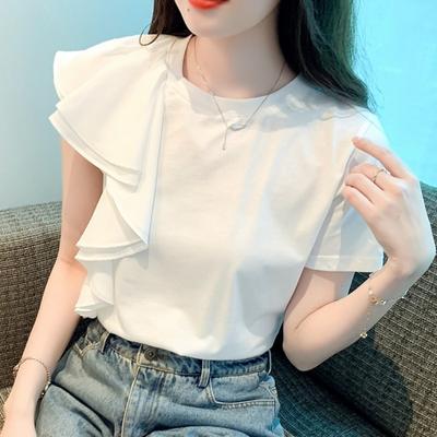 Sommer kurzhülse Chiffon Bluse Mode Frauen Shirts Oansatz Weibliche Kleidung Weiß Tops Lose Rüschen Top Frau Elegante 27166